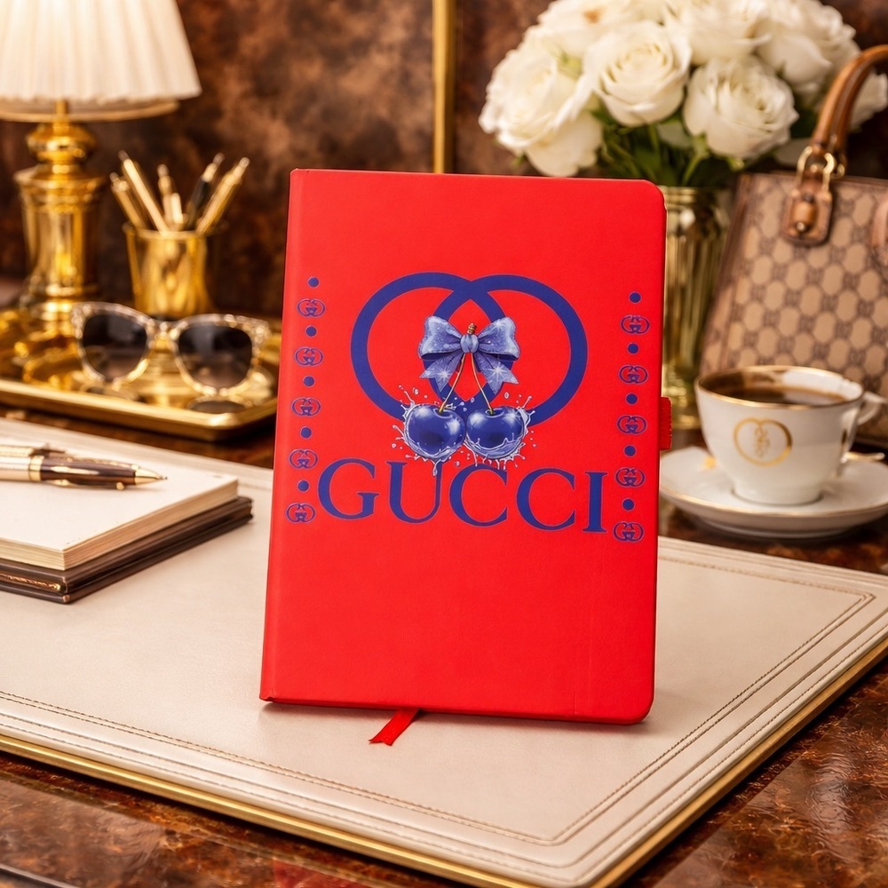 Red Notebook with Blue Cherry Design